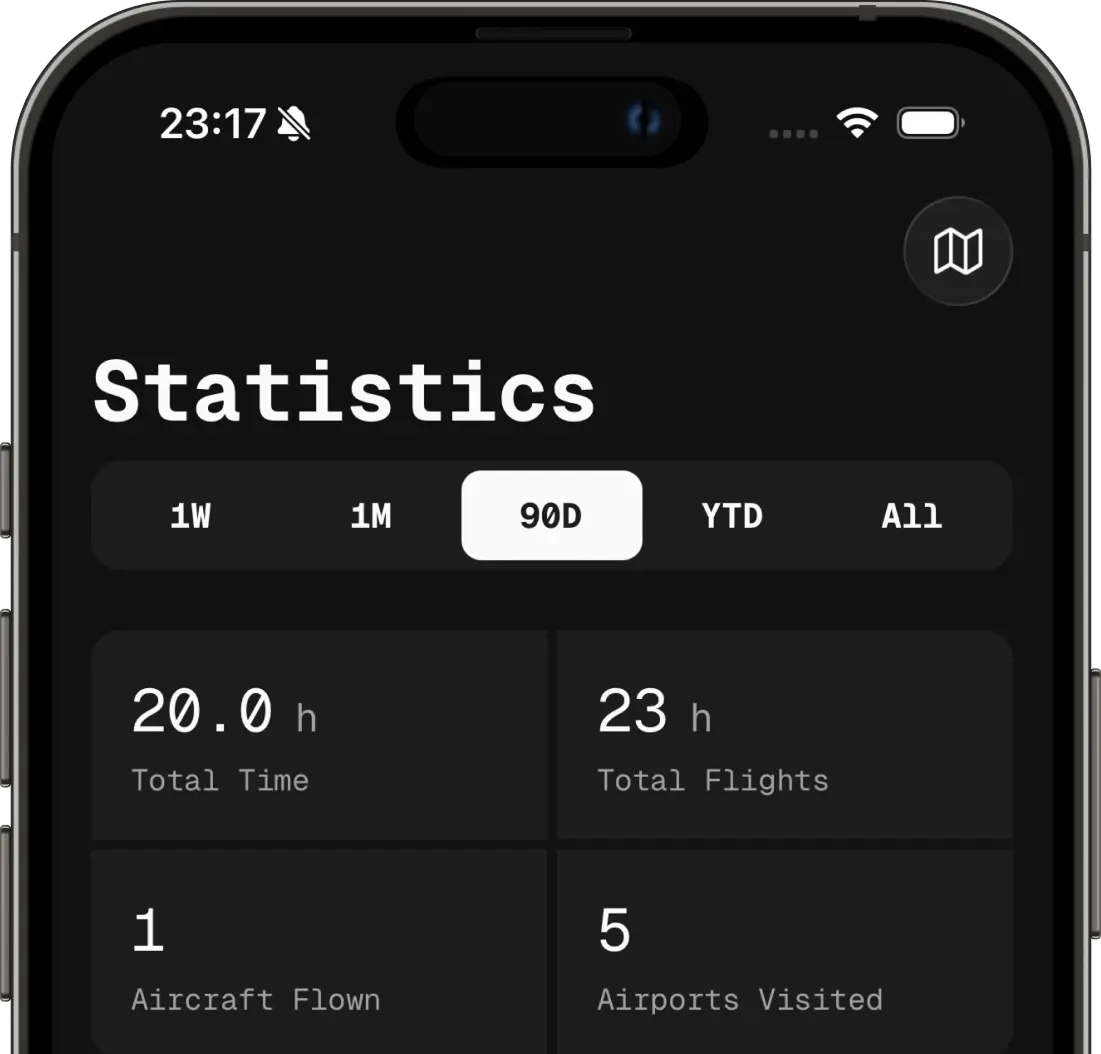 A black mobile device showing the statistics view of a digital flight logbook app, highlighting key performance indicators.